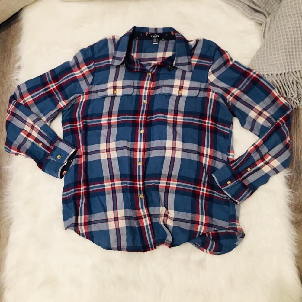 Chaps Blue & Red Plaid Long Sleeve Button Up Shirt